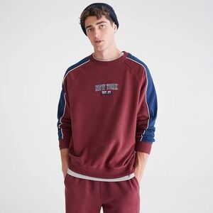 Aeropostale Mens L Burgundy Red Blue Raglan‎ Crewneck Sweatshirt NYC EST.87 Cozy